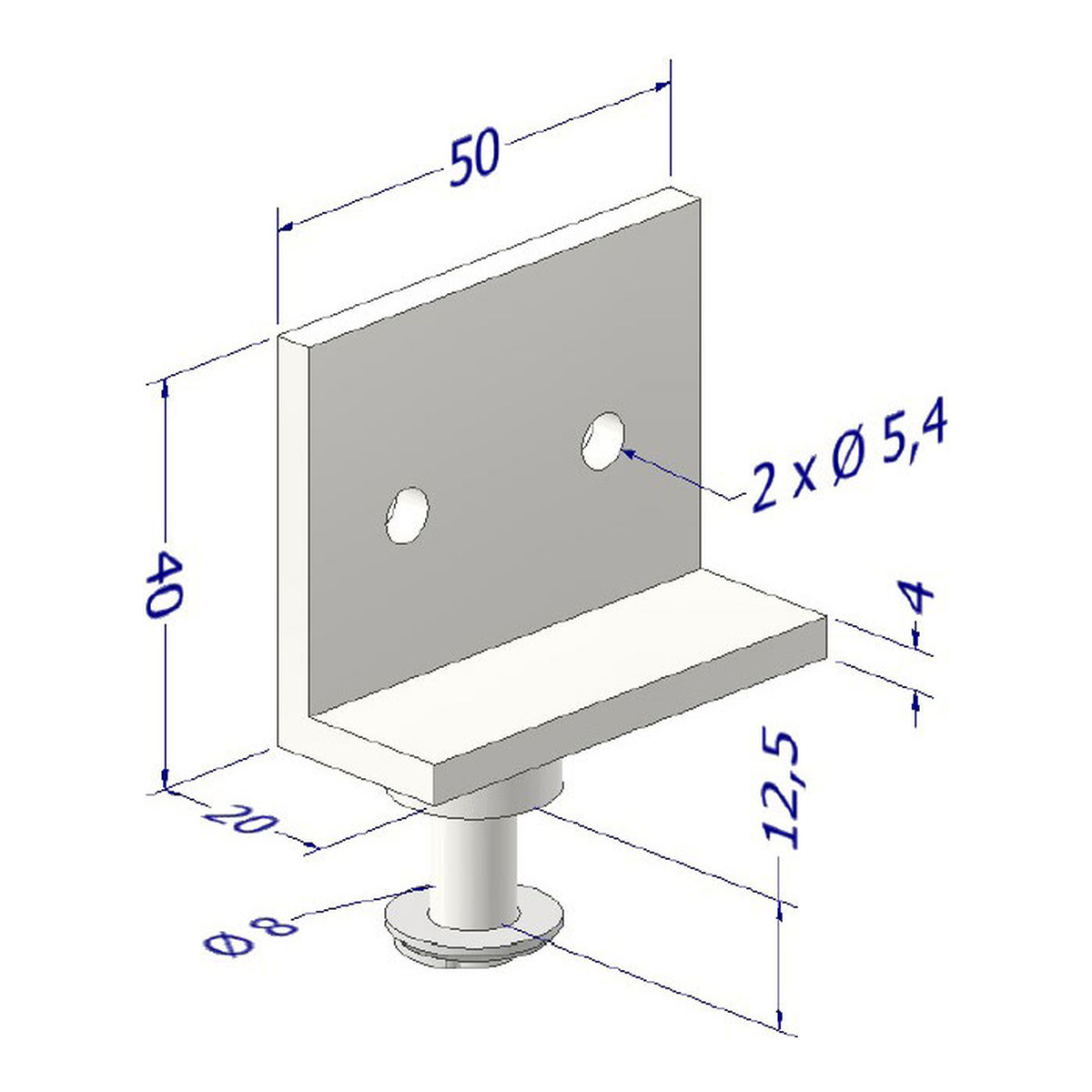 Maßzeichnung DICTATOR Befestigungswinkel TB 50×40×20 mm, verzinkt