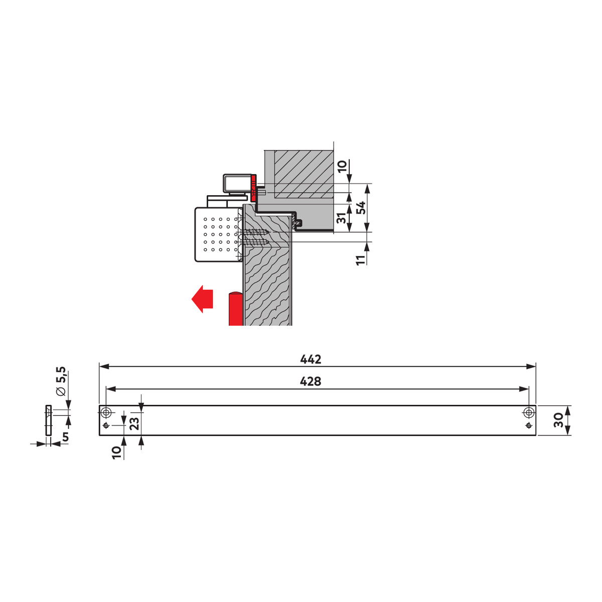 Maßzeichnung Dorma Montageplatte 30 mm für G-N Gleitschiene: 442 × 30 × 5 mm, mit Einbauskizze