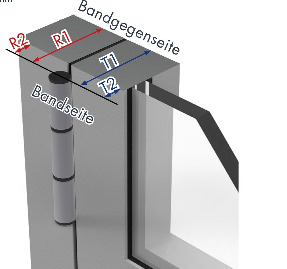 Türecke mit sichtbarem Band — Bandseite und Bandgegenseite sowie die Maße R1, R2, T1 und T2 für die Auswahl des Türöffnungsbegrenzers