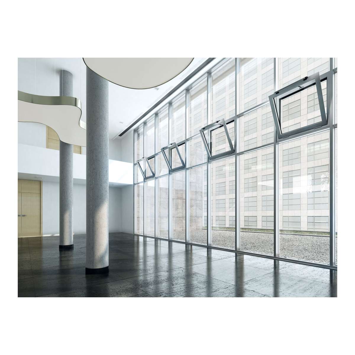 GEZE Slimchain Kettenantrieb eingebaut in einer Glasfassade