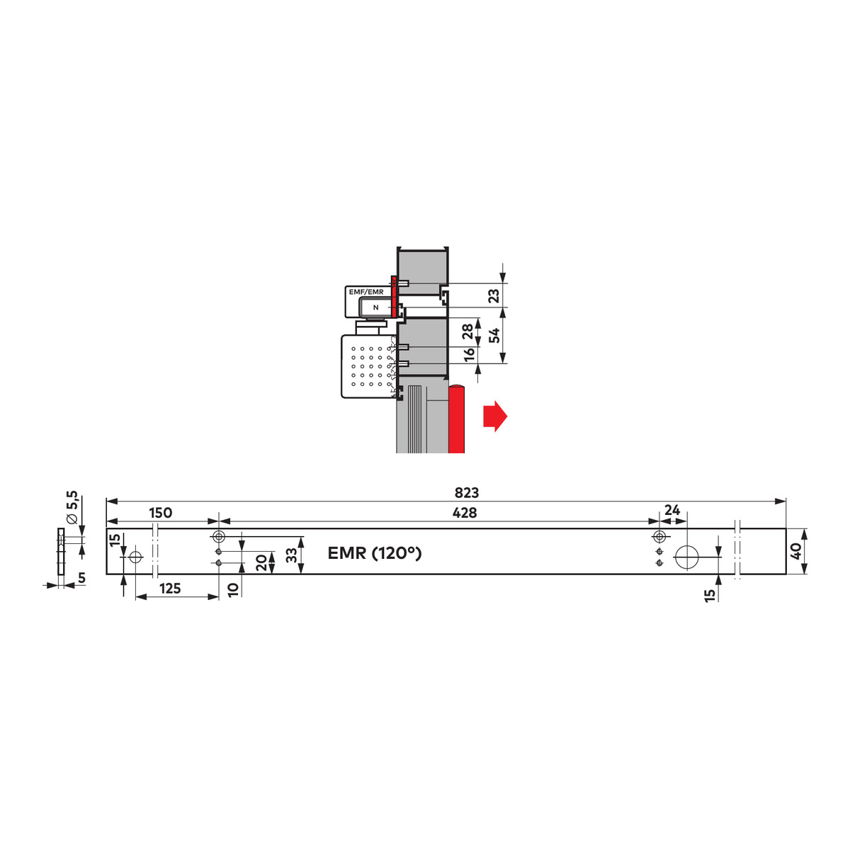 Maßzeichnung Dorma Montageplatte 64450001 für G-EMR Gleitschiene 120°: 823 × 40 × 5 mm, mit Einbauskizze