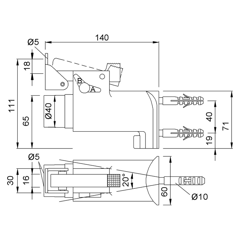 KWS 1095 Türfeststeller einstellbar Technische Zeichnung