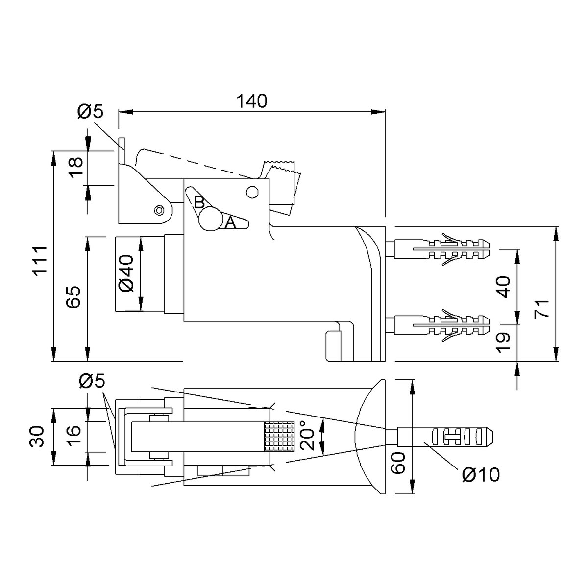 KWS 1095 Türfeststeller einstellbar Technische Zeichnung