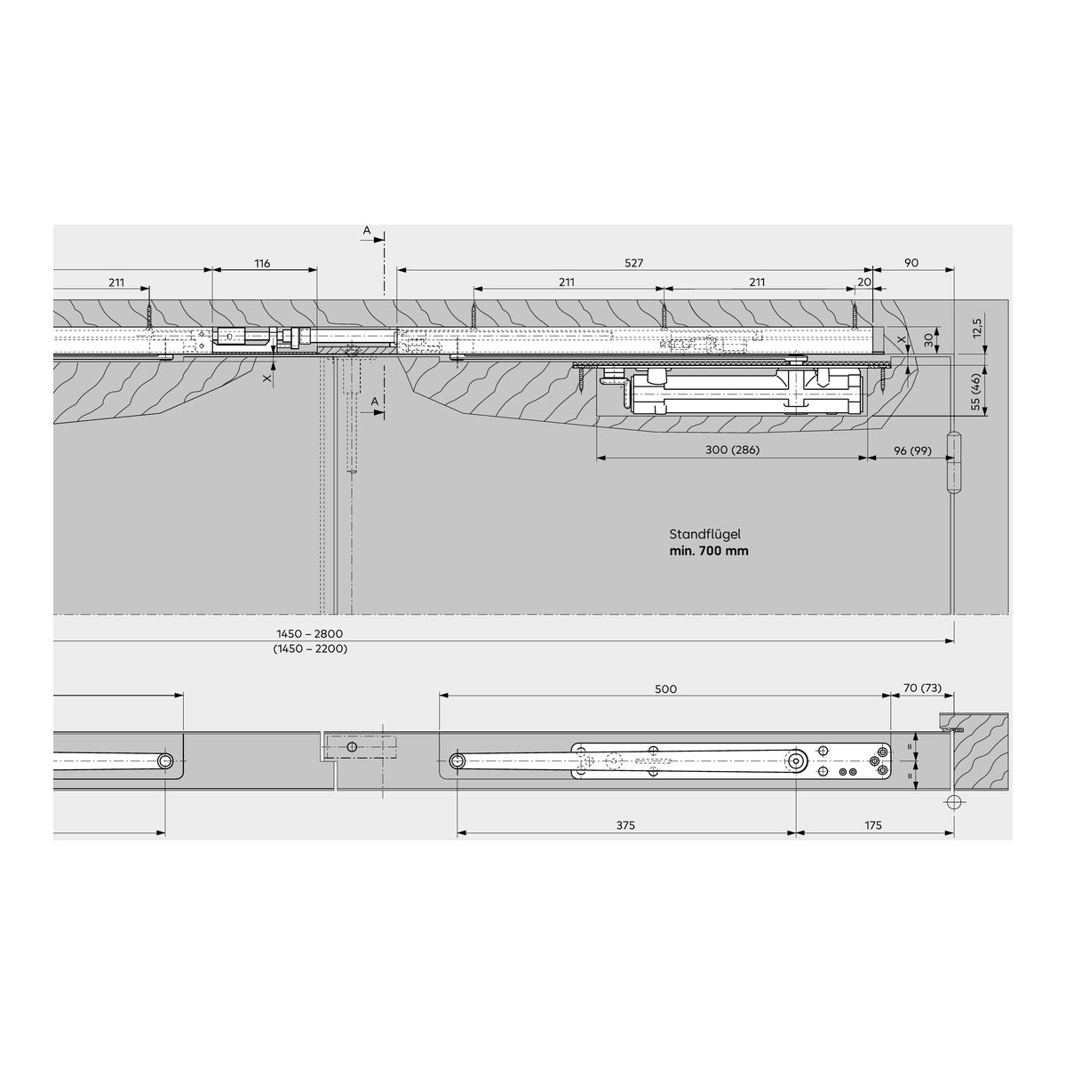 Einbauzeichnung Dorma G 96 GSR-EMF 2 in Holztür, Standflügel ab 700 mm, Standflügel-Gleitschiene 527 mm