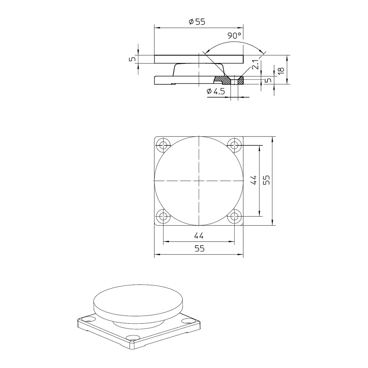 GEZE Haftgegenplatte Standardausführung 115954 – Maßzeichnung, Ø 55 mm, Lochabstand 44 mm