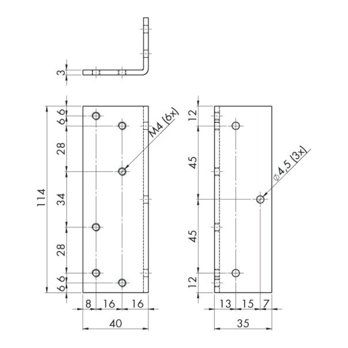 Maßzeichnung DICTATOR Montagewinkel 203037, 114 × 35 × 40 × 3 mm