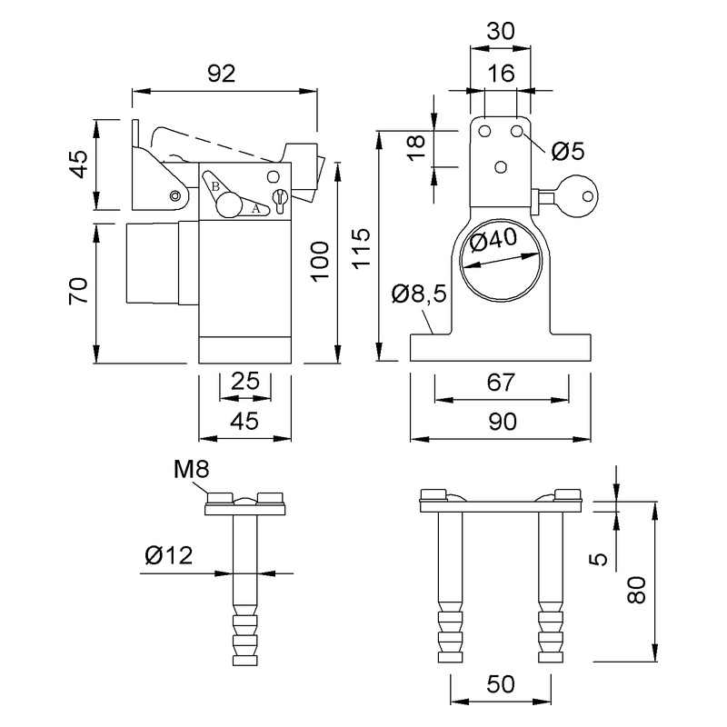 KWS 1091 1092 Türfeststeller Technische Zeichnung Maße