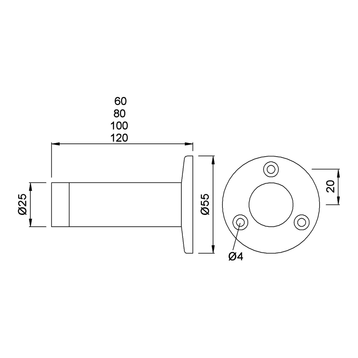 KWS 2009 bis 2012 Maßzeichnung: Wandabstand 60, 80, 100 oder 120 mm, Pufferrohr Ø 25 mm, Rosette Ø 55 mm