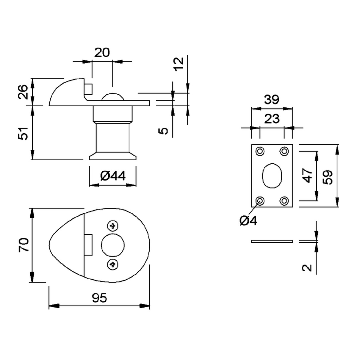 KWS 1020 Maßzeichnung: Abdeckplatte 95 × 70 mm, Bodenbuchse Ø 44 mm, Einbautiefe 51 mm, Gegenplatte 39 × 59 mm