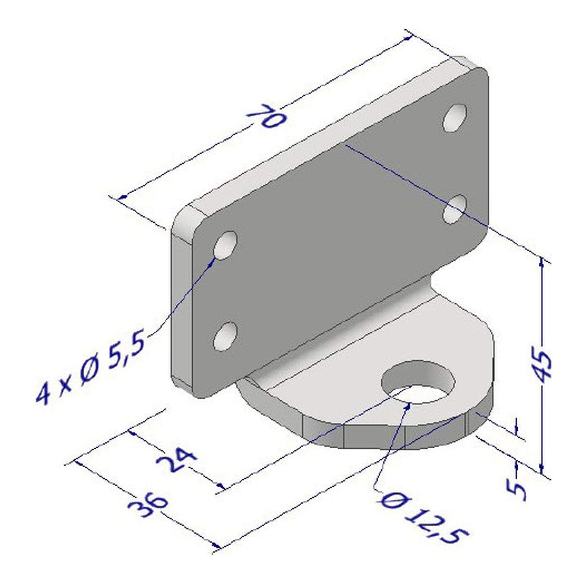 Maßzeichnung DICTATOR Befestigungswinkel TB 70×45×36 mm, verzinkt