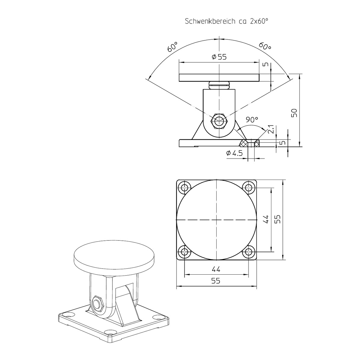 GEZE Haftgegenplatte mit Gelenk 115956 – Maßzeichnung, Ø 55 mm, Schwenkbereich ca. 2 x 60°