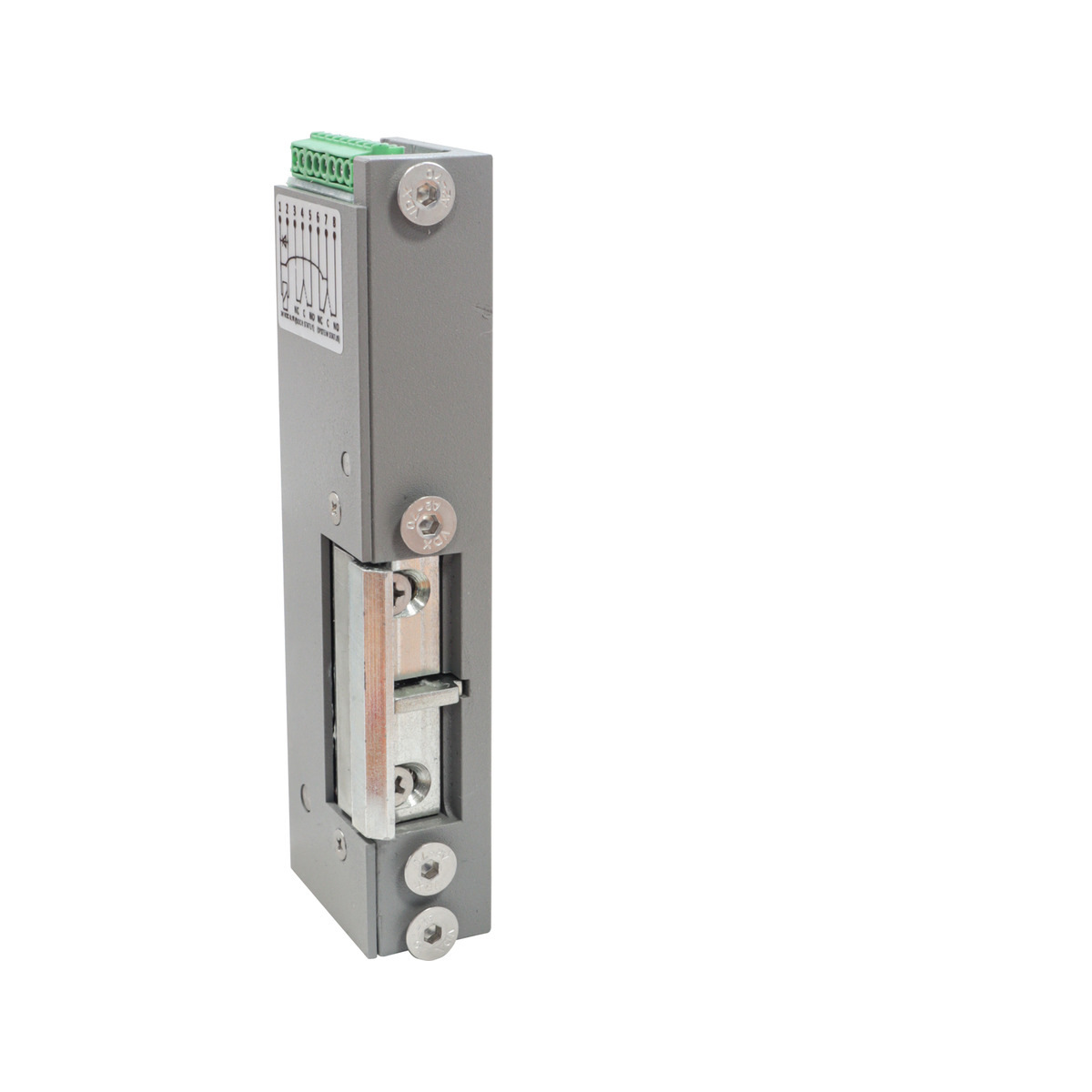 GfS Fluchttüröffner 77NF 325 DIN R (750300) — elektrischer Türöffner mit Anschlussklemme und Anschlussplan auf dem Gehäuse