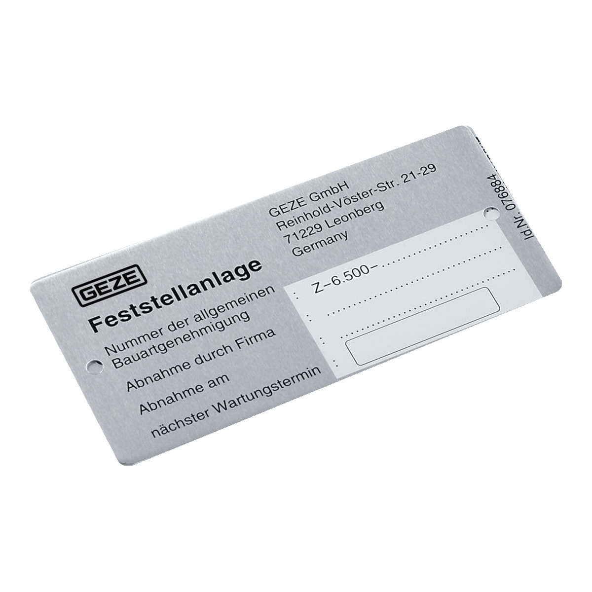 GEZE Zulassungsschild für Feststellanlagen 079139 – einzelnes Schild, schräg von oben
