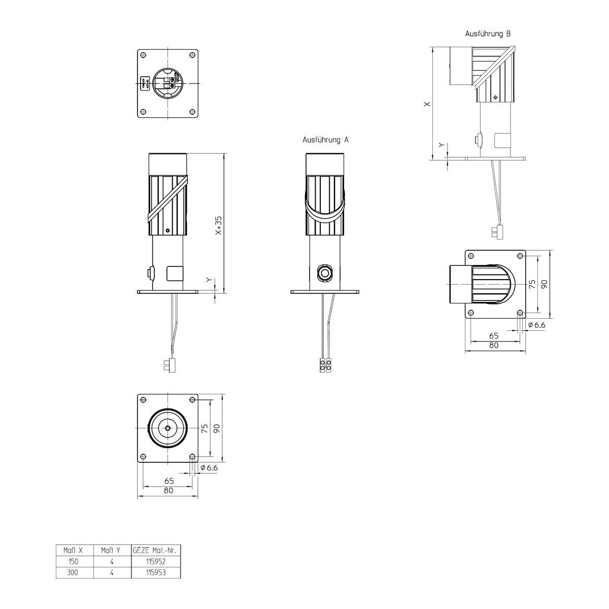 GEZE Türhaftmagnet mit Standrohr – Maßzeichnung Ausführung A und B, Grundplatte 80 x 90 mm, Maß X 300 mm bei 115953