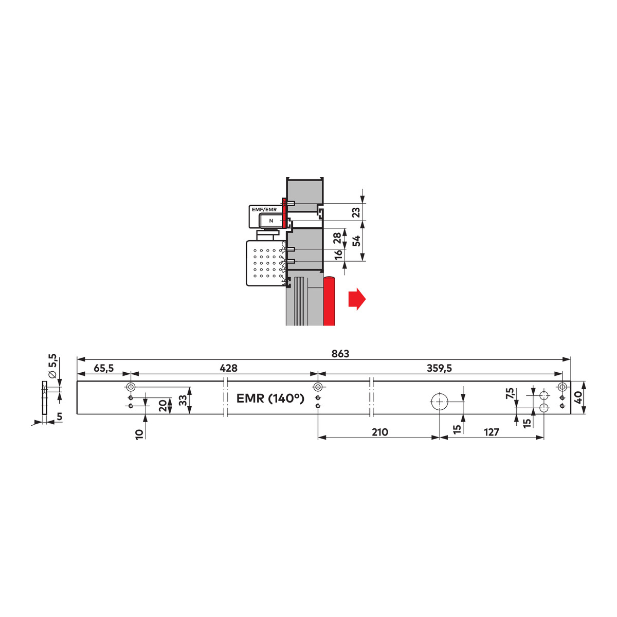 Maßzeichnung Dorma Montageplatte 64460001 für G-EMR Gleitschiene 140°: 863 × 40 × 5 mm, mit Einbauskizze