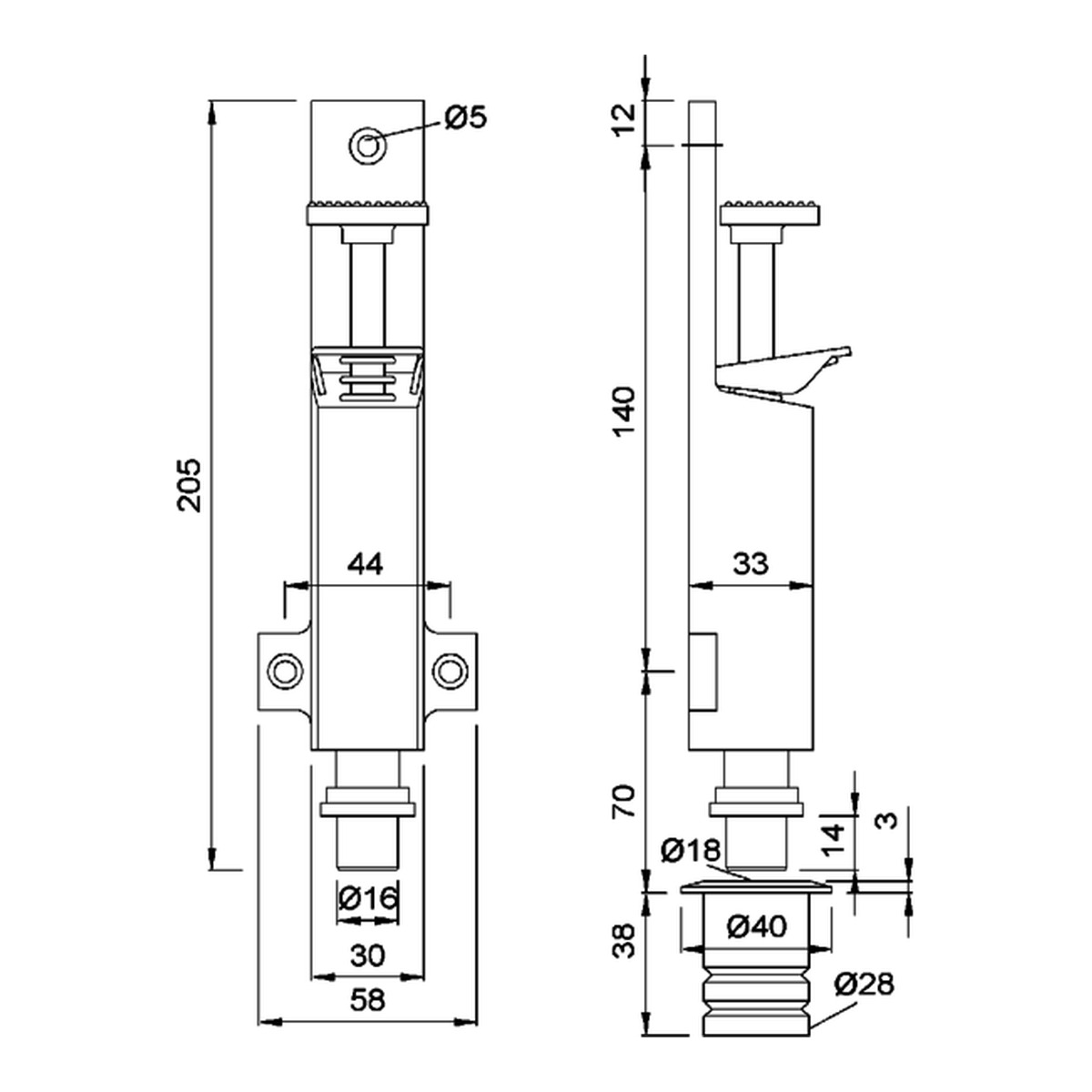 KWS 1039 Maßzeichnung: Gesamthöhe 205 mm, Gehäuse 44 mm breit und 33 mm tief, Bodenbuchse Ø 40 mm, Tretbolzen Ø 18 mm