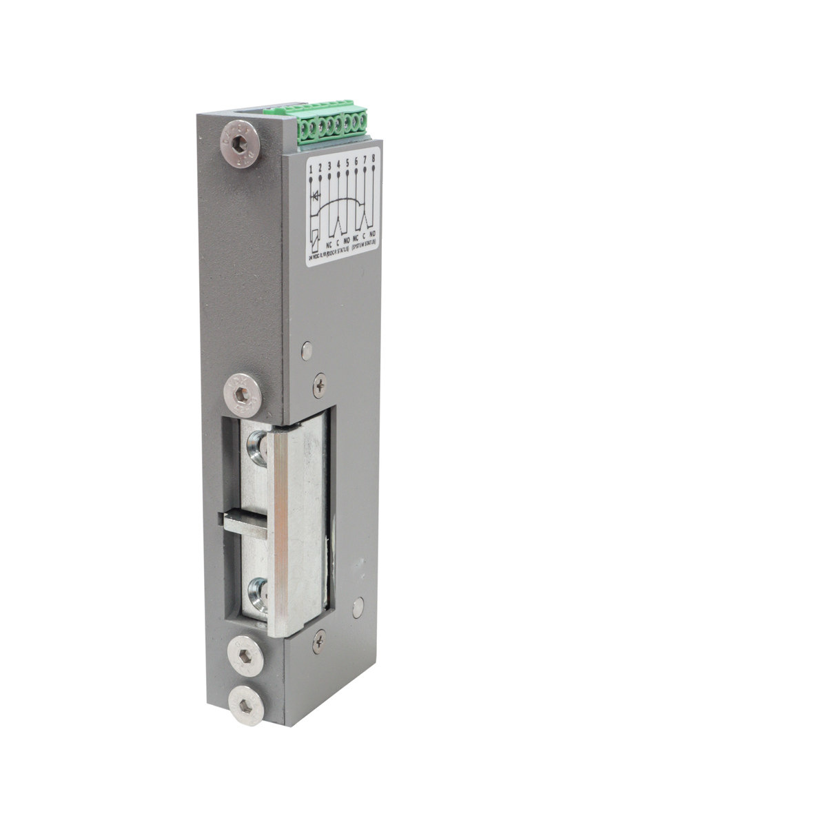 GfS Fluchttüröffner 77NF 325 DIN L (750301) — elektrischer Türöffner mit Anschlussklemme und Anschlussplan auf dem Gehäuse