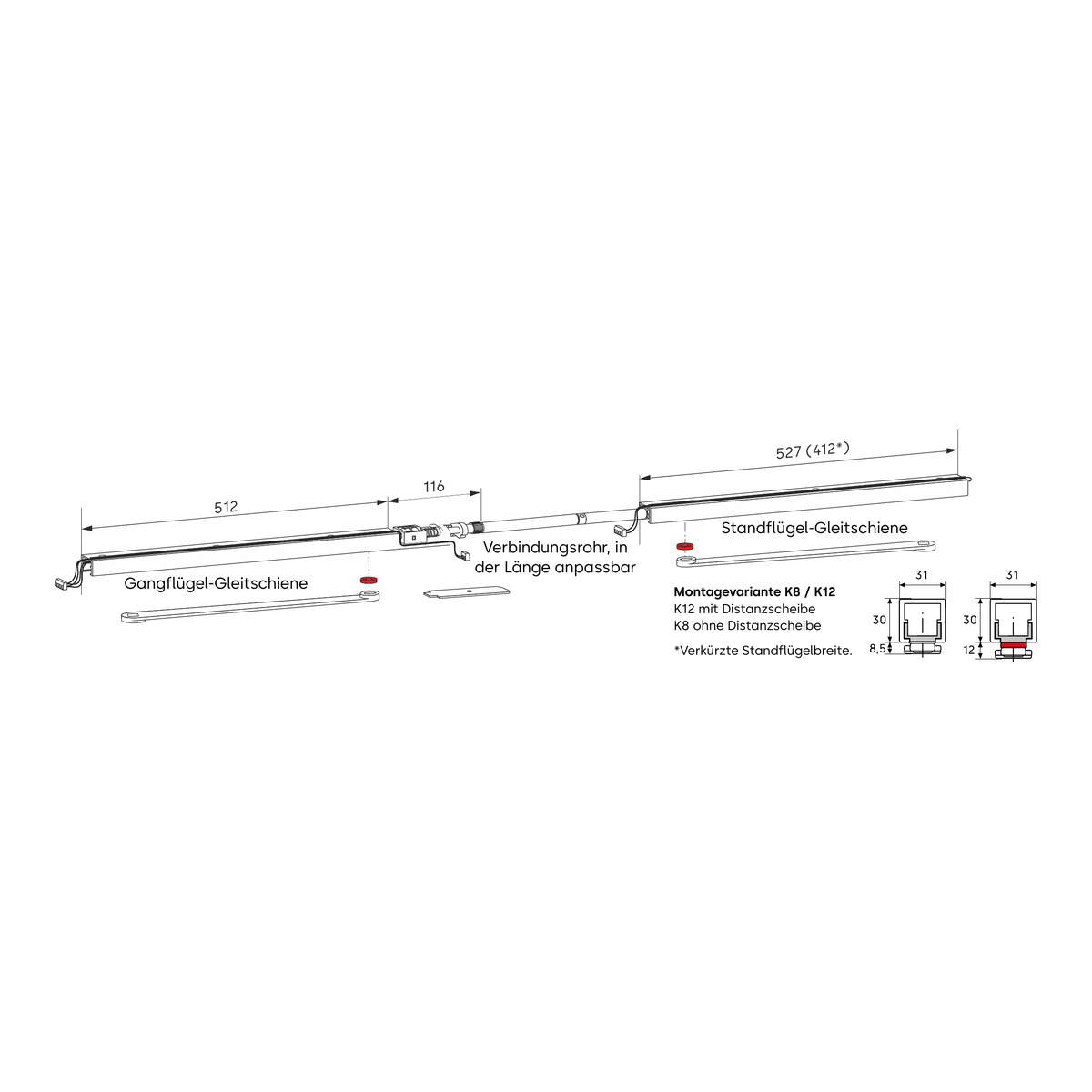 Maßzeichnung Dorma G 96 GSR-EMF 2: Gangflügel-Gleitschiene 512 mm, Standflügel-Gleitschiene 527 mm bzw. 412 mm, Querschnitt 31 x 30 mm