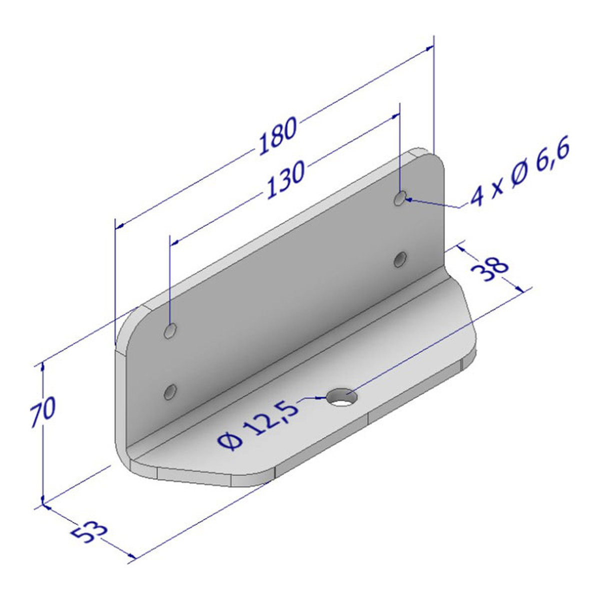 Maßzeichnung DICTATOR Befestigungswinkel TB 180×70×53 mm, verzinkt