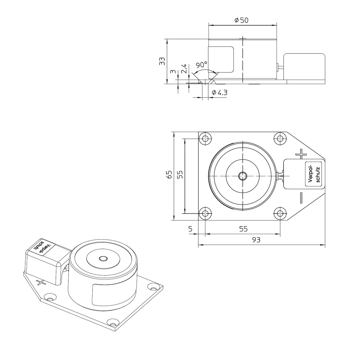 GEZE Türhaftmagnet 115829 Maßzeichnung – 93 x 65 x 33 mm, Lochabstand 55 mm