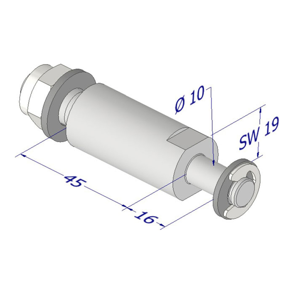 Maßzeichnung DICTATOR Bolzen TB Ø 10 mm, Distanz 45 mm, verzinkt