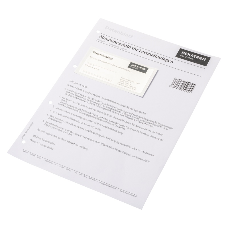 Hekatron Abnahmeschild Feststellanlage DIBt Schrägansicht