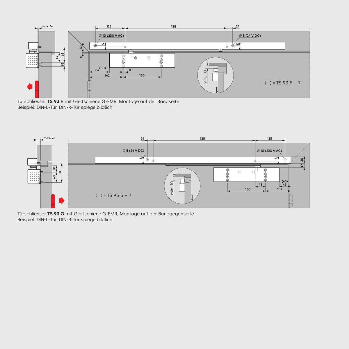 Bohrbilder Dorma TS 93 mit G-EMR Gleitschiene 120°: oben TS 93 B Montage auf der Bandseite, unten TS 93 G Montage auf der Bandgegenseite, jeweils DIN-L-Beispiel mit Kabeleinführungen Ø 10 mm (230 V AC) und Ø 8 mm (24 V DC)
