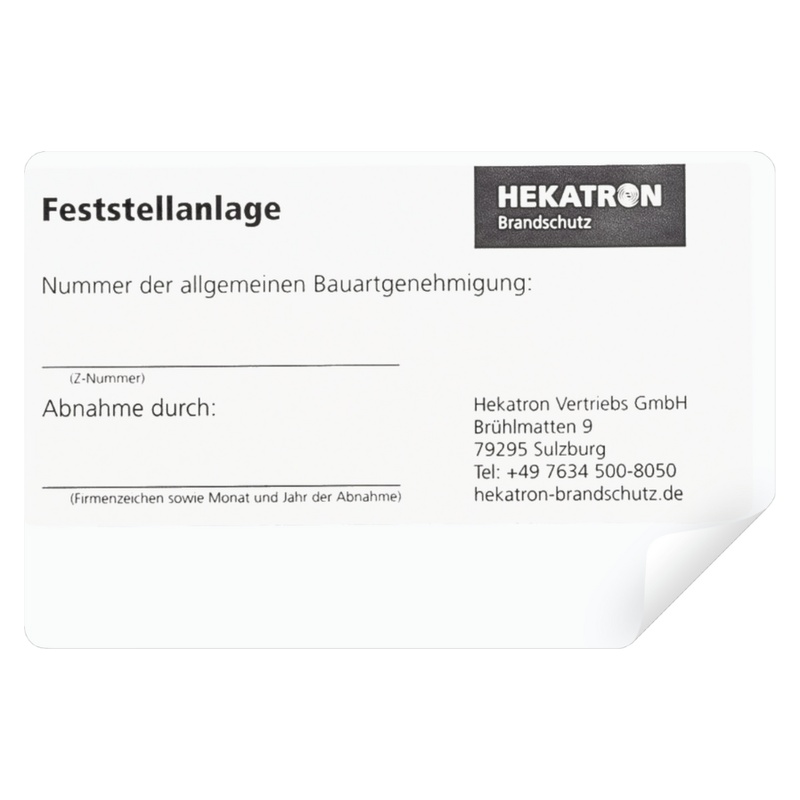 Hekatron Abnahmeschild Feststellanlage DIBt Frontalansicht