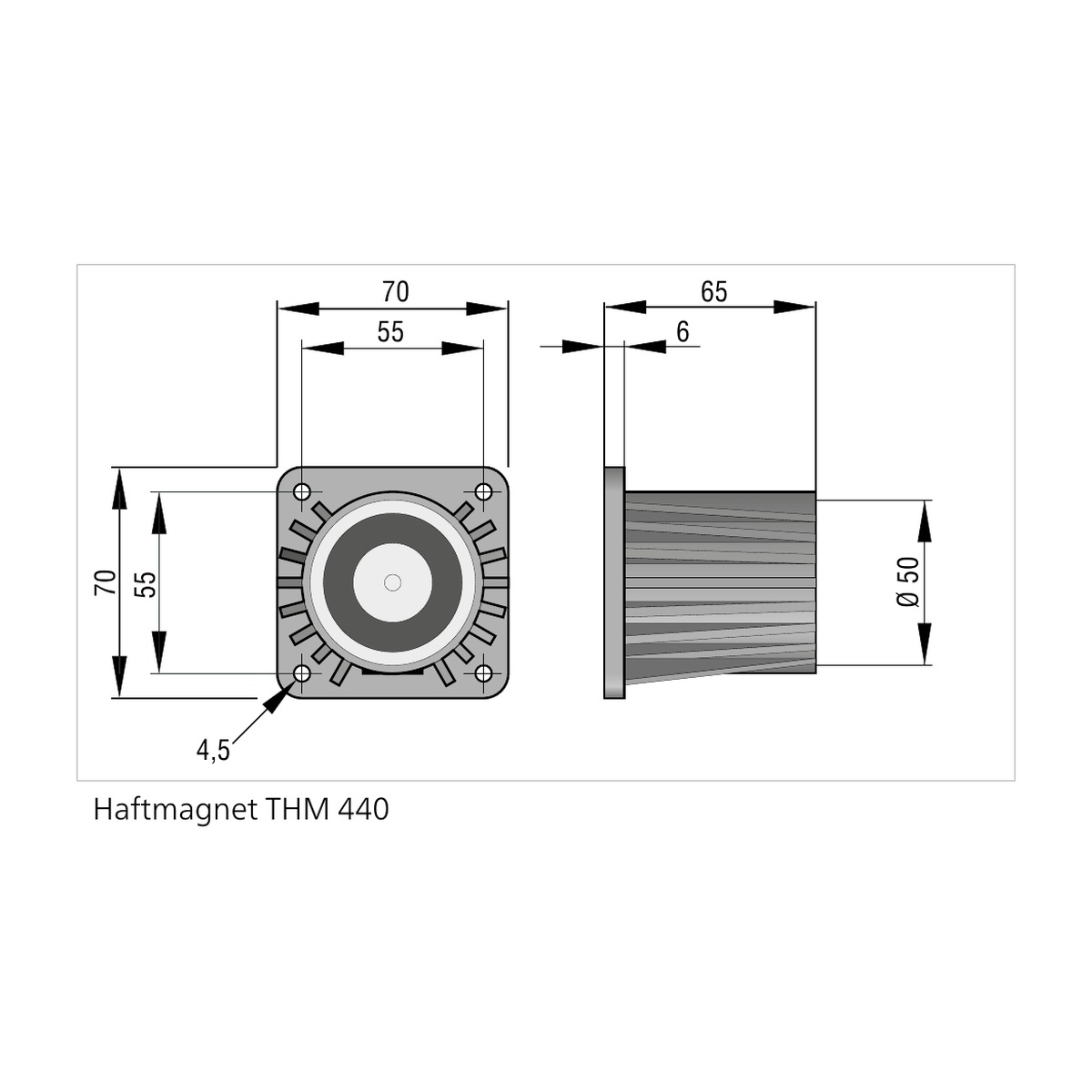 Maßzeichnung Hekatron THM 440: Grundplatte 70 x 70 mm, Bautiefe 65 mm, Lochbild 55 x 55 mm, Polfläche Ø 50 mm