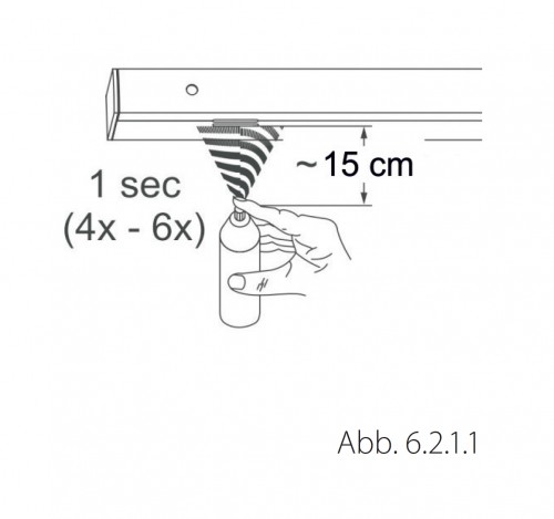 Funktionsprüfung des GEZE GC 151 mit Prüfaerosol aus ca. 10–15 cm zur Rauchöffnung