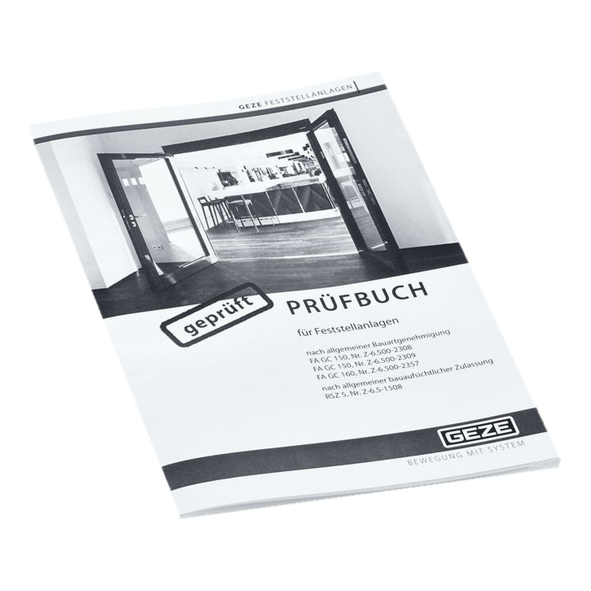 GEZE Prüfbuch für Feststellanlagen 079141 – einzelnes Heft, Titelseite schräg von oben