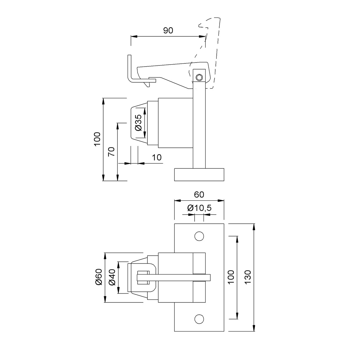 KWS 1121 Türfeststeller Stahl 200 kg Technische Zeichnung