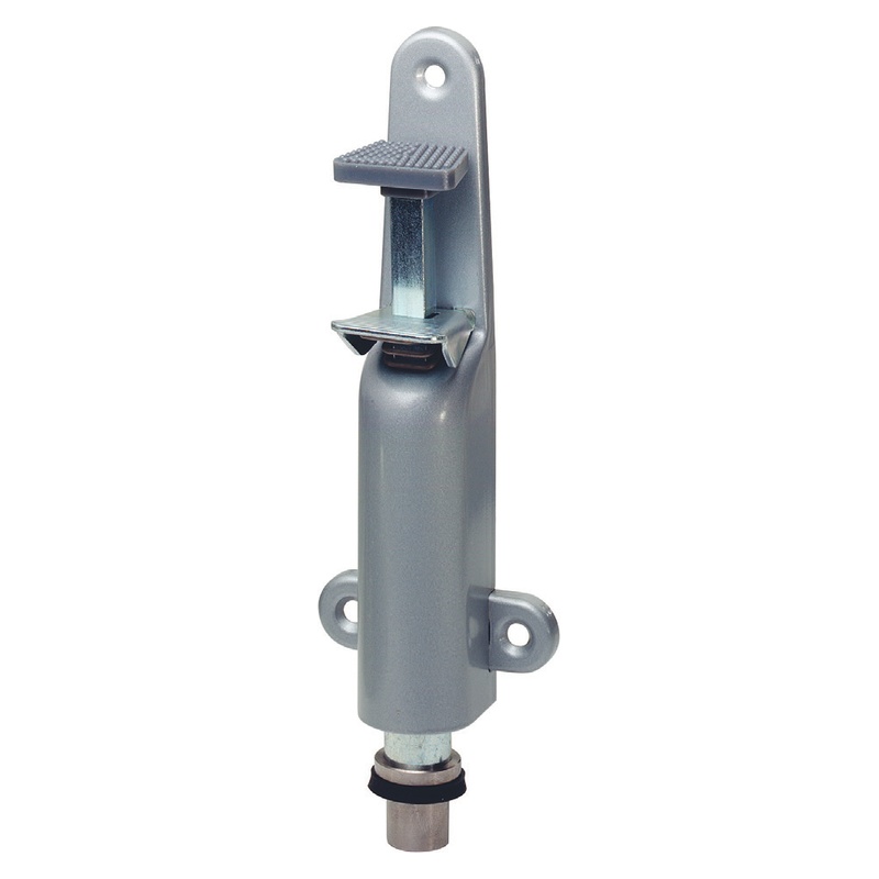 KWS 1038 Türfeststeller mit Bodenbuchse Tretbolzen silberfarbig einbrennlackiert