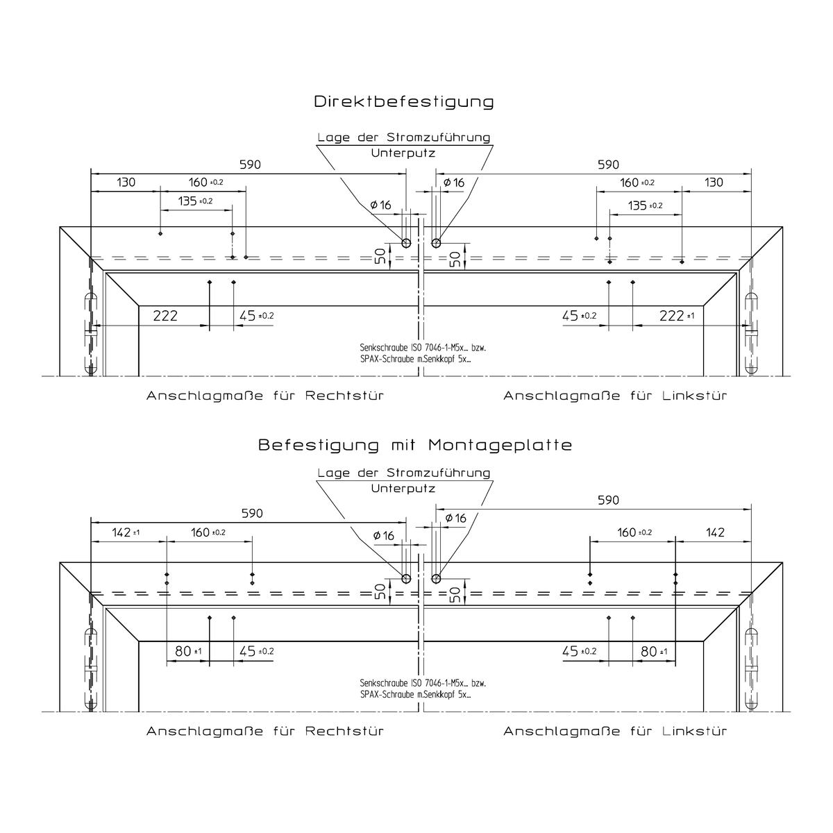 GEZE TS 4000 R Einbauzeichnung Kopfmontage Bandgegenseite – Anschlagmaße Direktbefestigung und Montageplatte